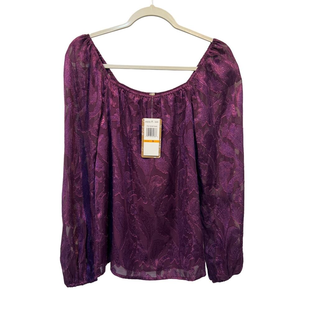 Mason & Belle Top Floral Print Sheer Sleeves Flowy Blouse Purple Size Small